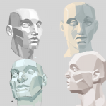 A painting study of heads from different angles.